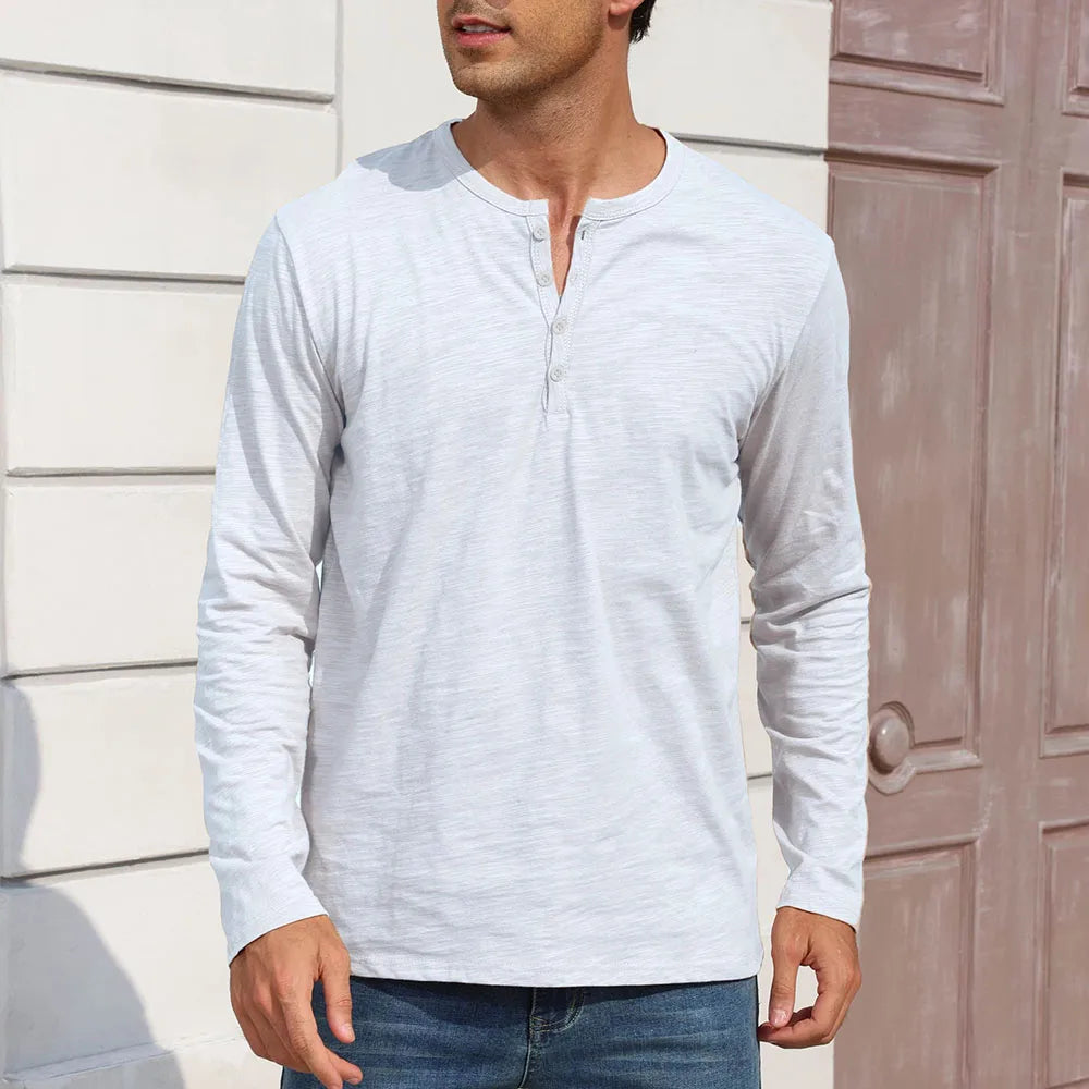 Outono nova camiseta masculina de manga longa casual estilo simples henley pescoço respirável leve algodão topos moda masculina