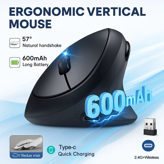 Mouse sem fio vertical ergonômico para mãos pequenas, recarregável, clique silencioso, modo duplo Bluetooth 5.4 e 2.4G, DPI ajustável