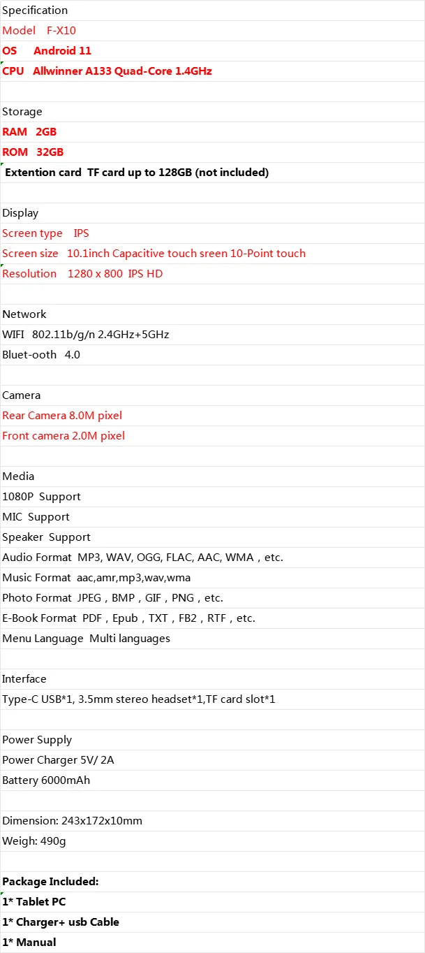 10 POLEGADAS F-X10 RAM 2GB ROM 32GB Android 11 WIFI Tablet PC Quad-Core Allwinner A133 Quad-Core 1.4GHz Câmera Tipo-C USB