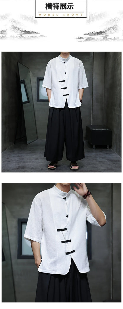 Camisa de linho de algodão masculina verão luz fina manga curta topo streetwear solto oversize casual estilo chinês camisa tang terno hanfu