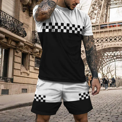 Verão novos conjuntos de listra de roupas esportivas masculinas de manga curta camiseta terno shorts de grandes dimensões esportes roupa de duas peças roupas masculinas