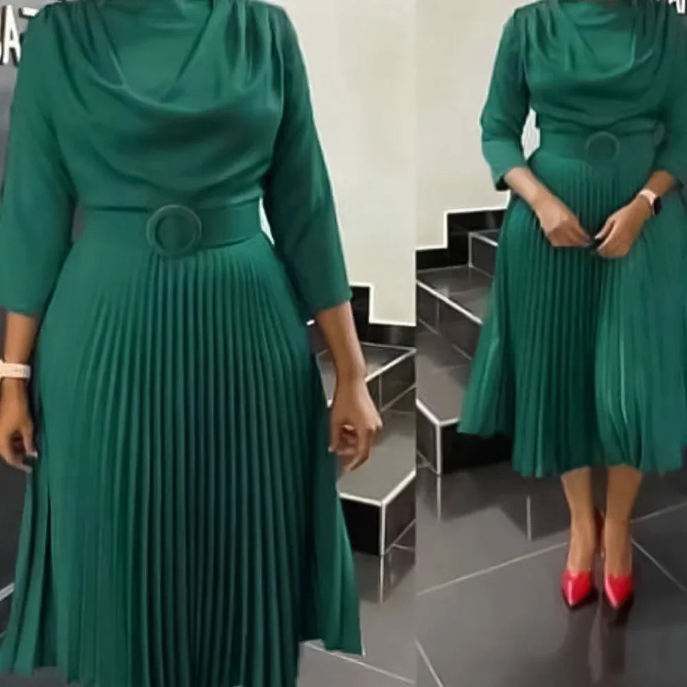 Elegante vestido plissado para mulheres profissional em torno do pescoço manga cheia cinto cintura meados de bezerro formal vestido de trabalho de negócios novo