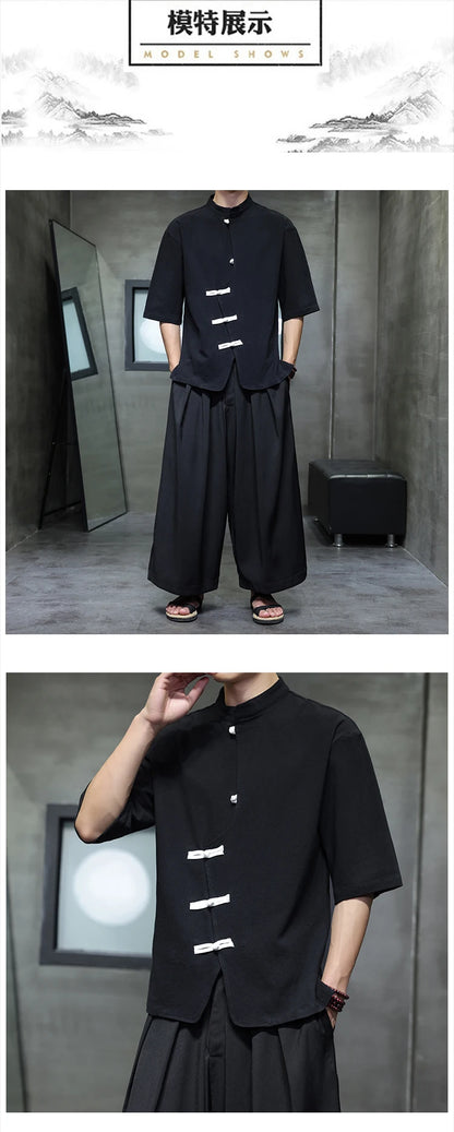 Camisa de linho de algodão masculina verão luz fina manga curta topo streetwear solto oversize casual estilo chinês camisa tang terno hanfu