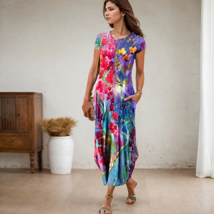 Vestidos de festa de verão novo casual moda impresso vestidos de bolso vintage floral impressão manga curta vestidos arty para mulher