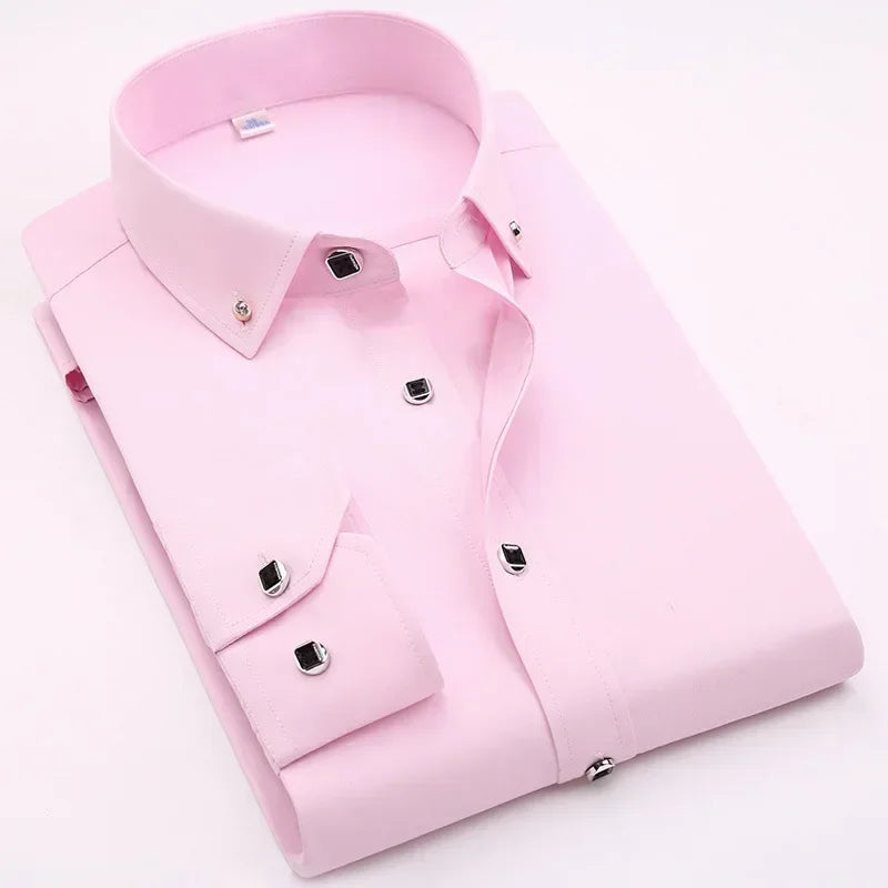 Qualidade de luxo masculino diamante botão sólido vestido camisa casual padrão-ajuste confortável macio camisa de manga longa roupas masculinas