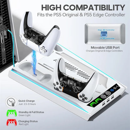 PS5/ PS5 Slim/ PS5 Pro Suporte para disco e console digital PS5 Estação de resfriamento e carregamento com ventilador de 3 níveis Carregador de controlador PS5