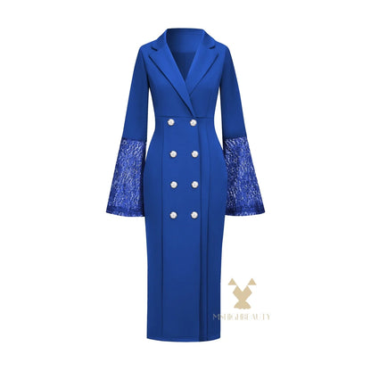 Vestido blazer real feminino manga comprida renda sino punhos duplo breasted com cinto bodycon midi vestido para festa escritório