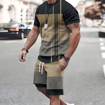 Conjunto de camiseta e shorts estampados em retalhos 3D masculino, traje de treino gola redonda, roupas esportivas casuais, roupas de manga curta, moda verão, 2 peças, 2024