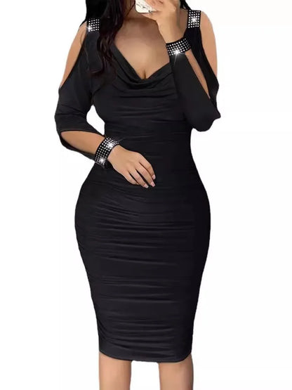 Moda elegante vestido para mulheres sexy bodycon pacote hip fora do ombro manga longa vestidos de festa verão com decote em v novas roupas femininas