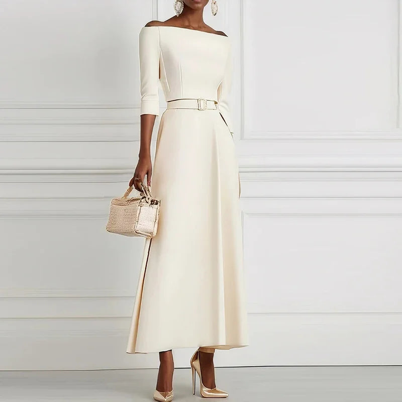 Vestidos de festa elegantes para mulheres um ombro meia manga cintura alta a linha vestido longo feminino vestido de escritório branco