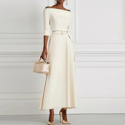 Vestidos de festa elegantes para mulheres um ombro meia manga cintura alta a linha vestido longo feminino vestido de escritório branco