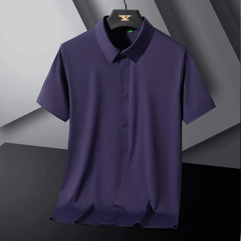 Nova alta qualidade de seda gelo negócios masculinos casual camisa de manga curta verão ultra-fino respirável esportes ao ar livre cor sólida topo