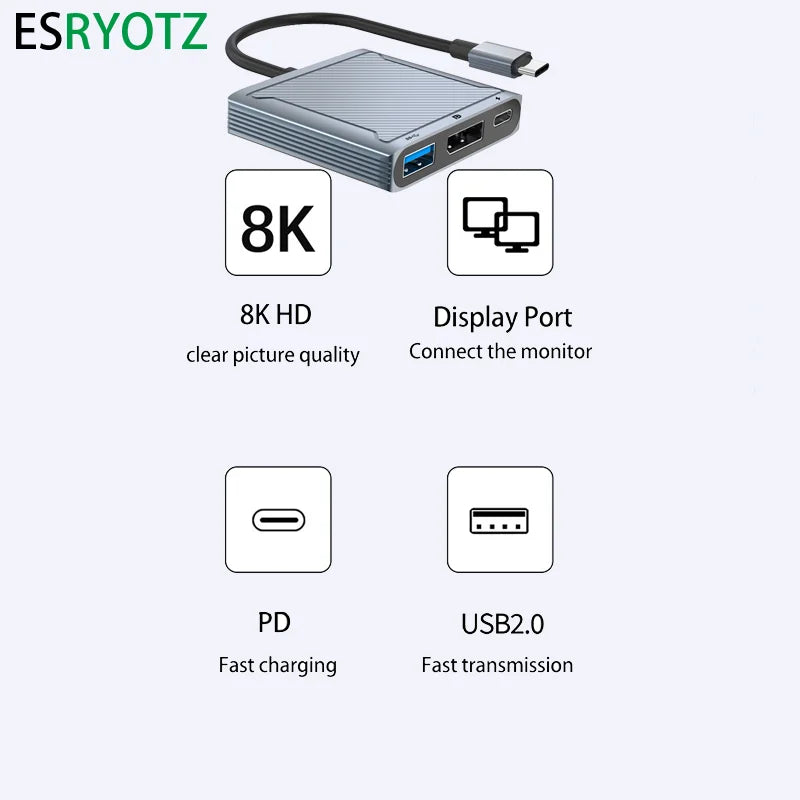 8K 60Hz USB C para Displayport 144Hz hud Thundrbolt USB-C para DP 3 em 1 Hub dock cabo Tipo C para DisplayPort 1.4 cabo para Mackbook