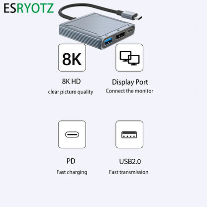 8K 60Hz USB C para Displayport 144Hz hud Thundrbolt USB-C para DP 3 em 1 Hub dock cabo Tipo C para DisplayPort 1.4 cabo para Mackbook