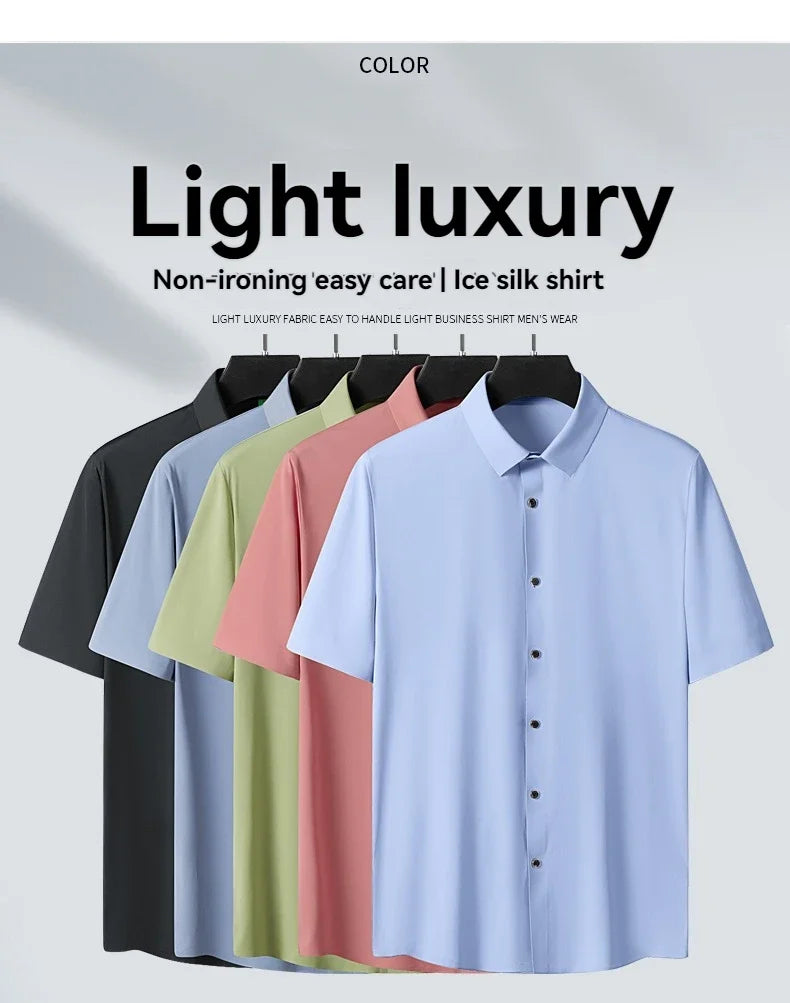 Nova alta qualidade de seda gelo negócios masculinos casual camisa de manga curta verão ultra-fino respirável esportes ao ar livre cor sólida topo