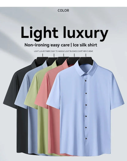Nova alta qualidade de seda gelo negócios masculinos casual camisa de manga curta verão ultra-fino respirável esportes ao ar livre cor sólida topo