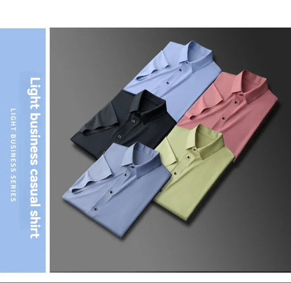 Nova alta qualidade de seda gelo negócios masculinos casual camisa de manga curta verão ultra-fino respirável esportes ao ar livre cor sólida topo