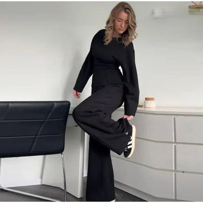 Mulher casual sólido conjunto de duas peças moda o pescoço mangas compridas magro topos calças de perna larga ternos outono inverno senhora roupa de escritório