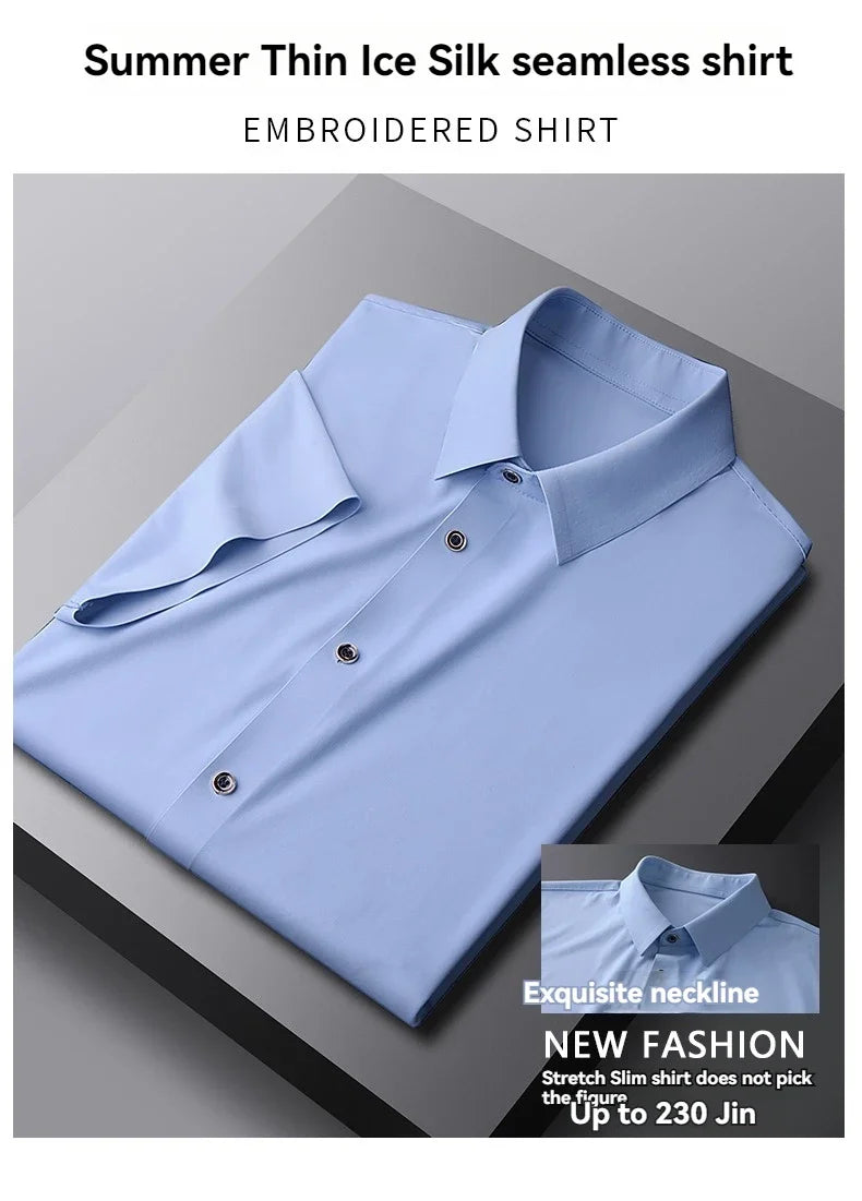 Nova alta qualidade de seda gelo negócios masculinos casual camisa de manga curta verão ultra-fino respirável esportes ao ar livre cor sólida topo