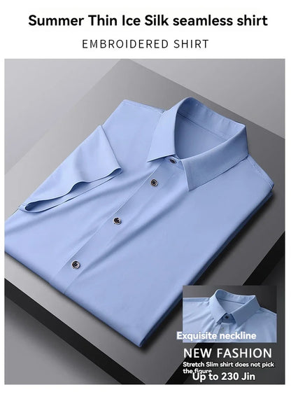 Nova alta qualidade de seda gelo negócios masculinos casual camisa de manga curta verão ultra-fino respirável esportes ao ar livre cor sólida topo