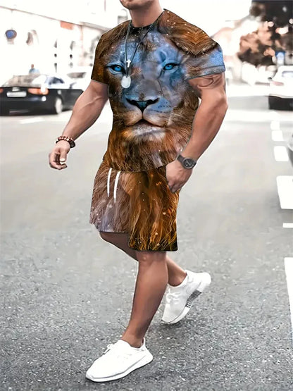 Camiseta e calções com estampa besta leão masculina, impressão 3D de bloqueio colorido, fato esportivo gola o, rua casual, verão, novo