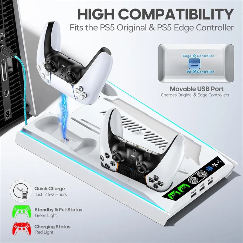 PS5/ PS5 Slim/ PS5 Pro Suporte para disco e console digital PS5 Estação de resfriamento e carregamento com ventilador de 3 níveis Carregador de controlador PS5