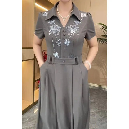 Mulheres estilo ocidental vestido verão primavera nova moda high-end lantejoulas vestidos longos mãe de meia idade elegante magro vestidos mujer