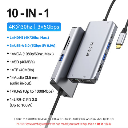 Mokan usb c hub tipo c 4k @ 60hz hdmi hub, vga 3usb 3.1 10gbps pd rj45 sd/tf docking station para macbook air pro acessórios para portátil