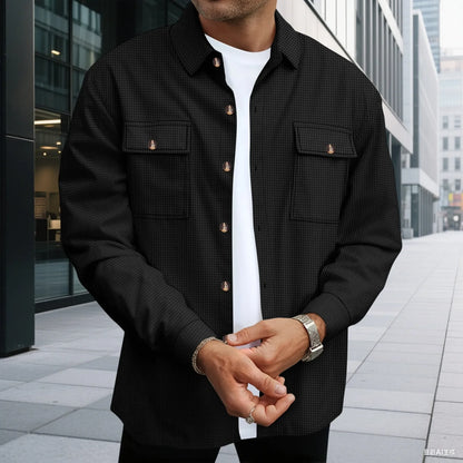 Jaqueta masculina de trabalho com verificação de waffle, jaqueta elegante com botão de lapela e calças compridas, confortável, respirável, casual, roupa de negócios, 1/2 peças
