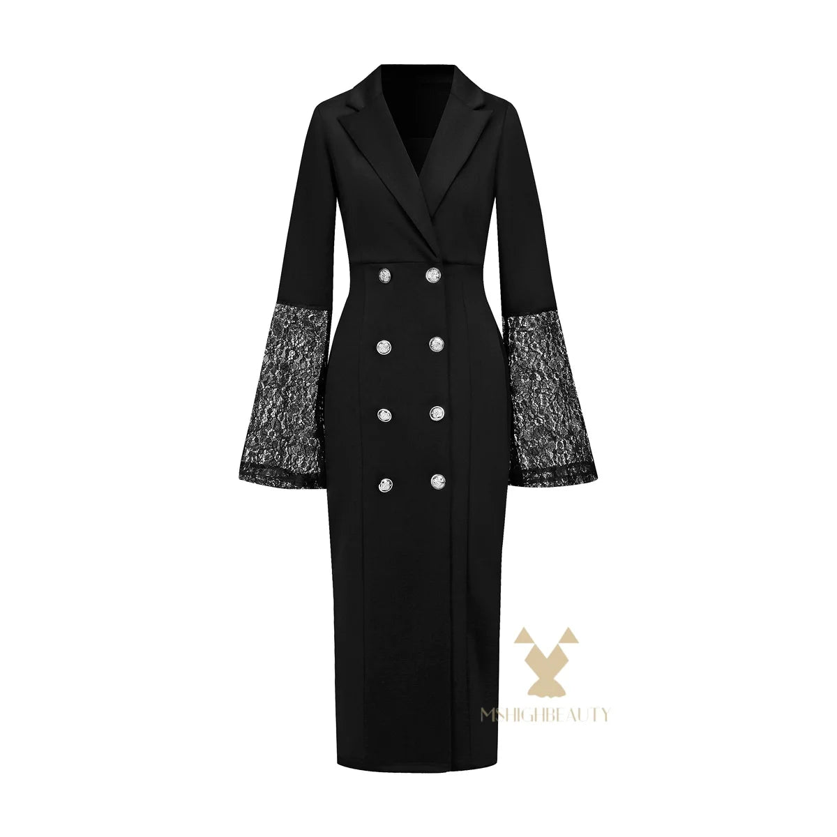 Vestido blazer real feminino manga comprida renda sino punhos duplo breasted com cinto bodycon midi vestido para festa escritório