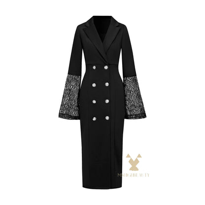 Vestido blazer real feminino manga comprida renda sino punhos duplo breasted com cinto bodycon midi vestido para festa escritório