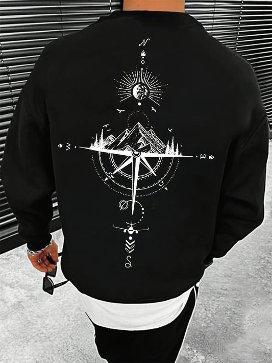 Outono e inverno masculino moda casual solto montanha e bússola impressão gráfica manga comprida em torno do pescoço moletom