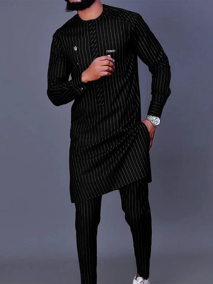 Conjunto de 2 peças com estampa listrada azul marinho masculino, moda casual, luxo