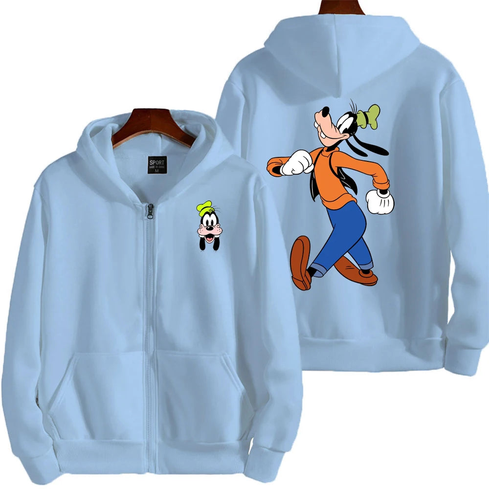 Goofy masculino impressão dos desenhos animados hoodie primavera outono feminino moletom de grandes dimensões com zíper novo casal rua moda casaco