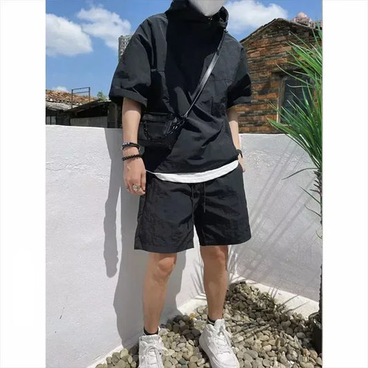 Verão masculino japonês sle hoodie shorts conjunto de duas peças solto ajuste leve na moda workwear casual moda roupas jovens