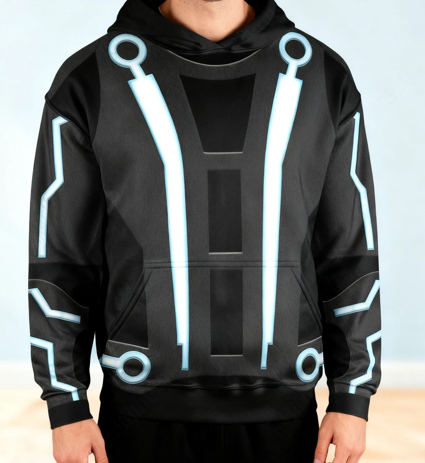 Moletom masculino com tema TRON azul claro, padrão de circuito de ficção científica, roupa casual diária para outono inverno, ideal para camadas ou agasalhos