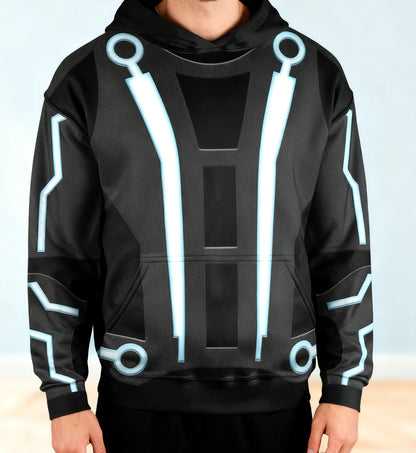 Moletom masculino com tema TRON azul claro, padrão de circuito de ficção científica, roupa casual diária para outono inverno, ideal para camadas ou agasalhos