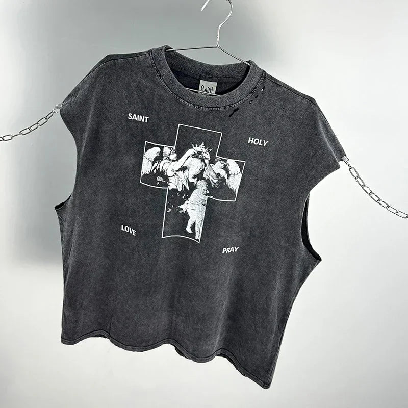 Crânio vermelho impressão de dedo buraco danificado saint tanque t das mulheres dos homens streetwear colete de grandes dimensões vintage washe preto sem mangas t camisa