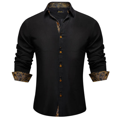 DiBanGu Camisa Masculina de Manga Longa Preto Sólido Vermelho Paisley Cor Contraste Moda Vestido Camisa para Homens Gola Botão para baixo Roupas Masculinas