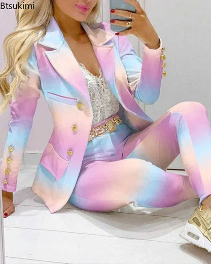 2025 feminino formal jaqueta e calças senhora do escritório outfits outono feminino duas peças conjunto impressão blazer casaco & calças terno conjuntos femininos