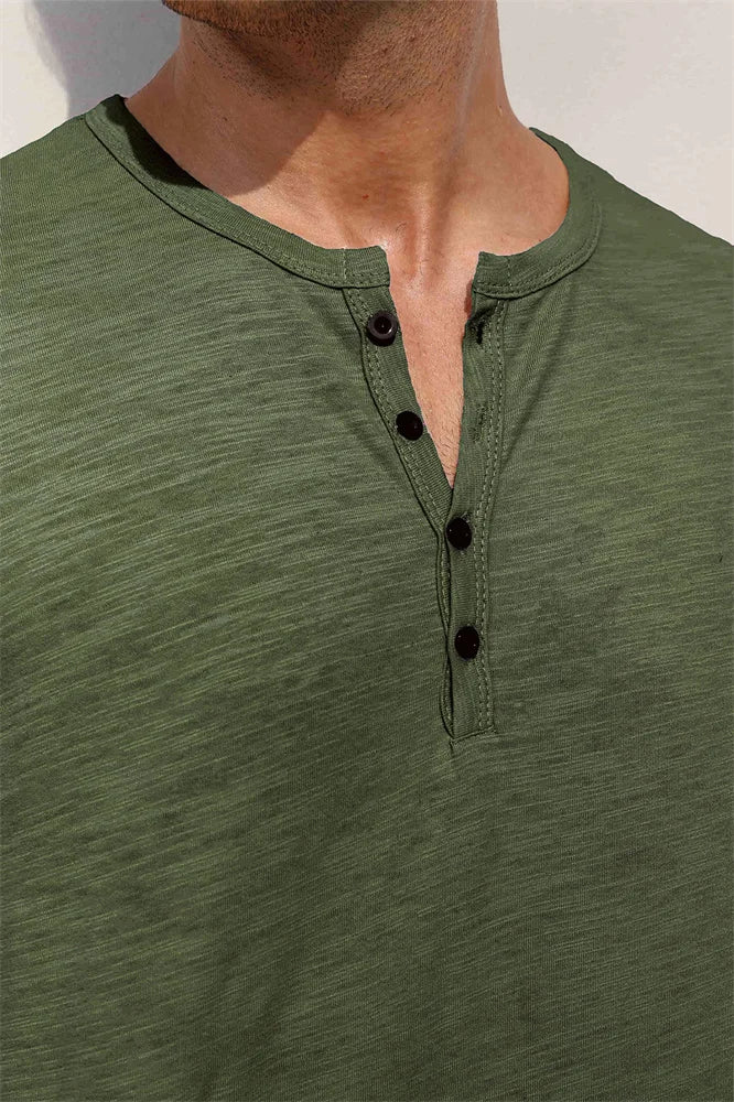 Outono nova camiseta masculina de manga longa casual estilo simples henley pescoço respirável leve algodão topos moda masculina