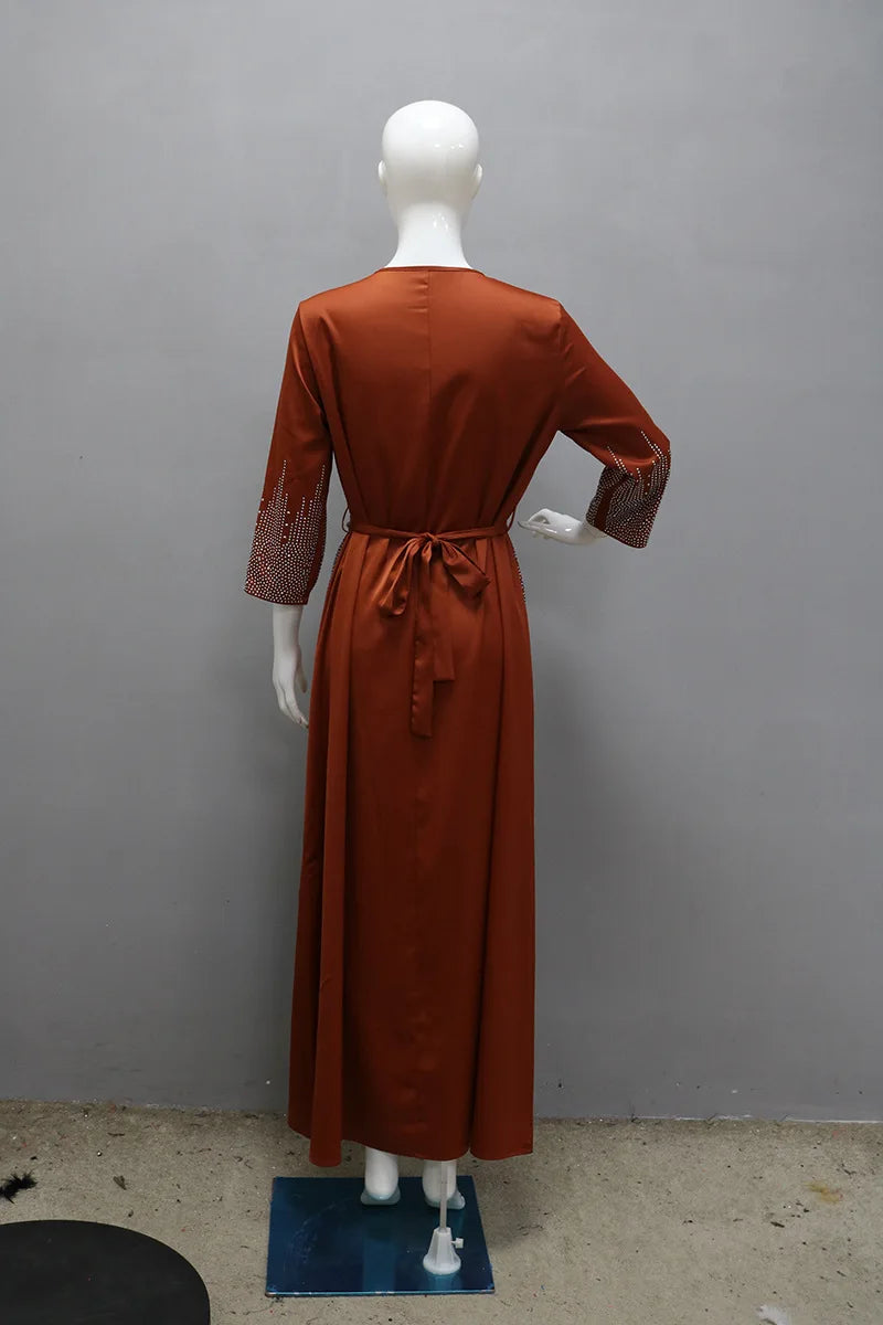 Vestido muçulmano de cetim para mulheres, Abaya Dubai, roupão de jantar, roupas diamantadas, moda