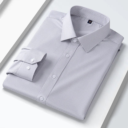 Camisa elástica anti-rugas masculina, manga comprida, slim fit, blusa social e de negócios, vestido branco, qualidade