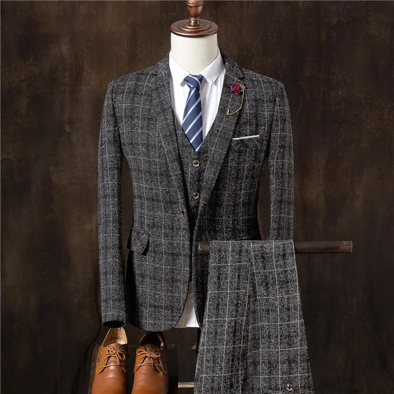 Roupa formal do noivo 3 peças (blazer + colete + calças) terno masculino moda negócios cavalheiro casamento casual xadrez algodão jaqueta de linho