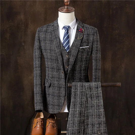 Roupa formal do noivo 3 peças (blazer + colete + calças) terno masculino moda negócios cavalheiro casamento casual xadrez algodão jaqueta de linho