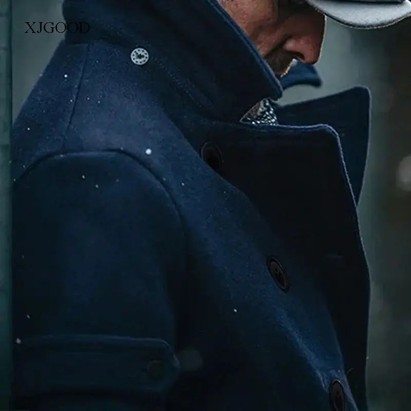 Casaco de lã masculino de cor pura com gola aboa, manga curta e decote em V para jovens no outono.