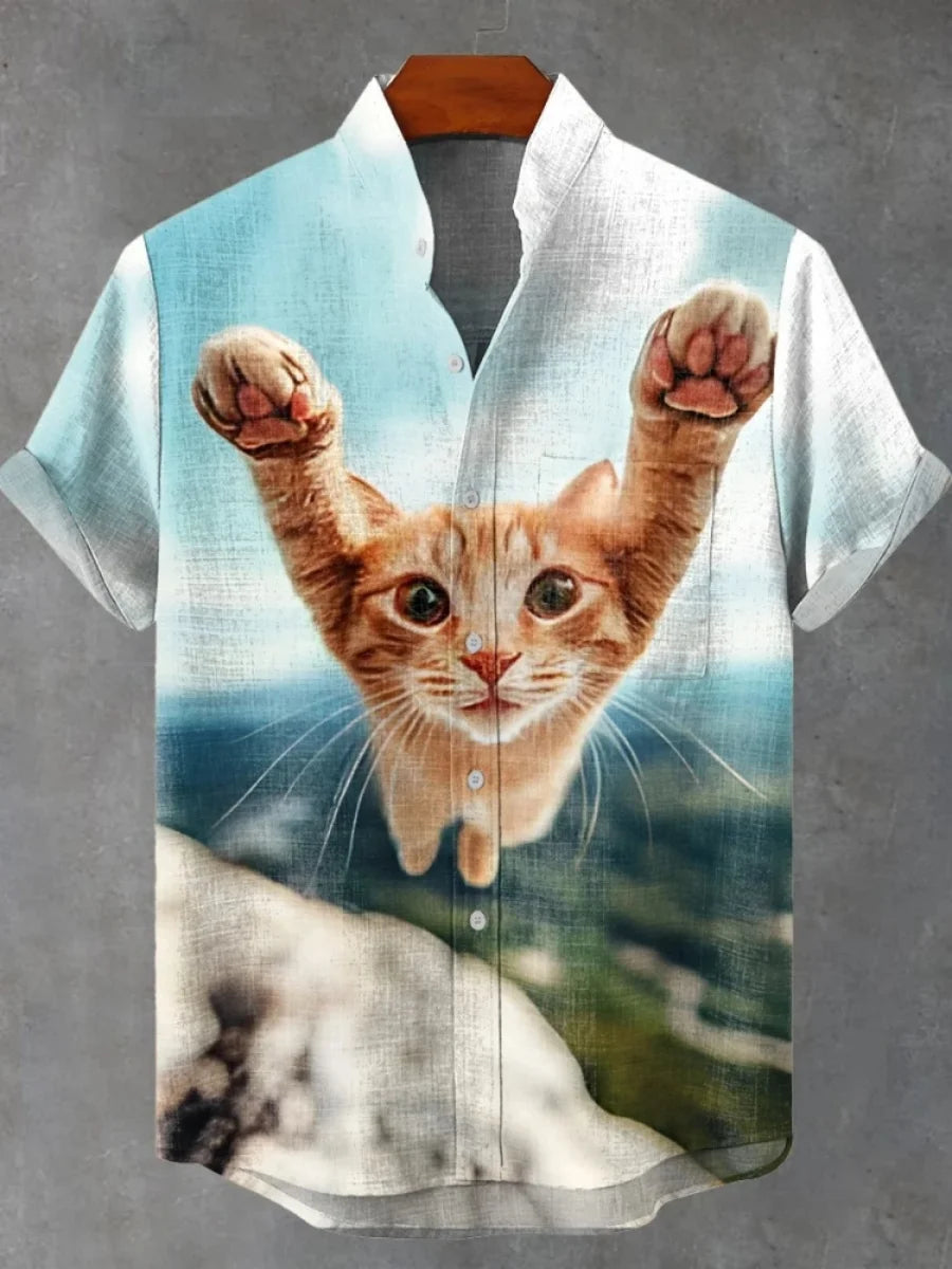 2025 moda casual masculina nova camisa de linho arte impressão bonito gato padrão camisas moda rua casual confortável camisa masculina