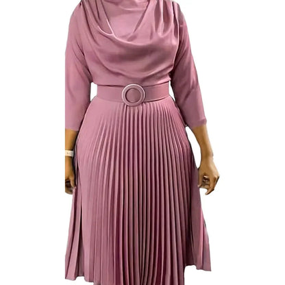 Elegante vestido plissado para mulheres profissional em torno do pescoço manga cheia cinto cintura meados de bezerro formal vestido de trabalho de negócios novo