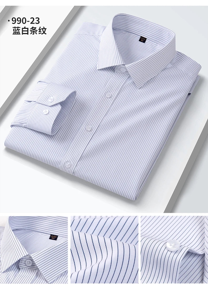 Camisa elástica anti-rugas masculina, manga comprida, slim fit, blusa social e de negócios, vestido branco, qualidade