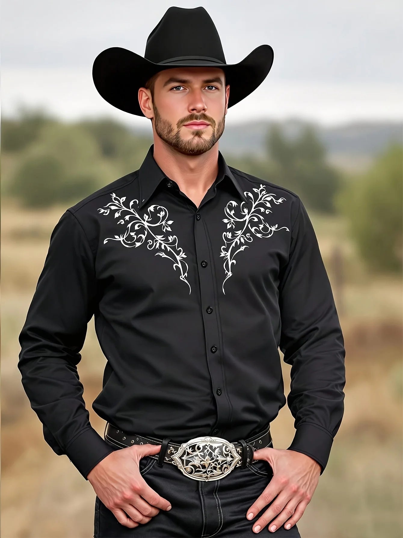2025 masculino padrão tribal manga longa preto ocidental cowboy camisa ocidental evento traje elegante camisa masculina fino ajuste camisa
